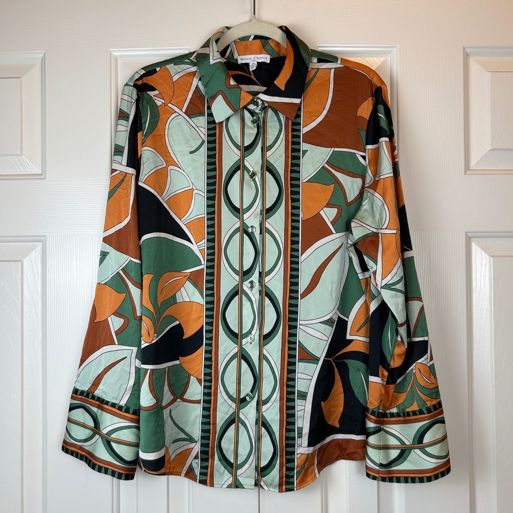 Maison d Amelie Paris Geometric Print Button Down Blouse Orange Green XL